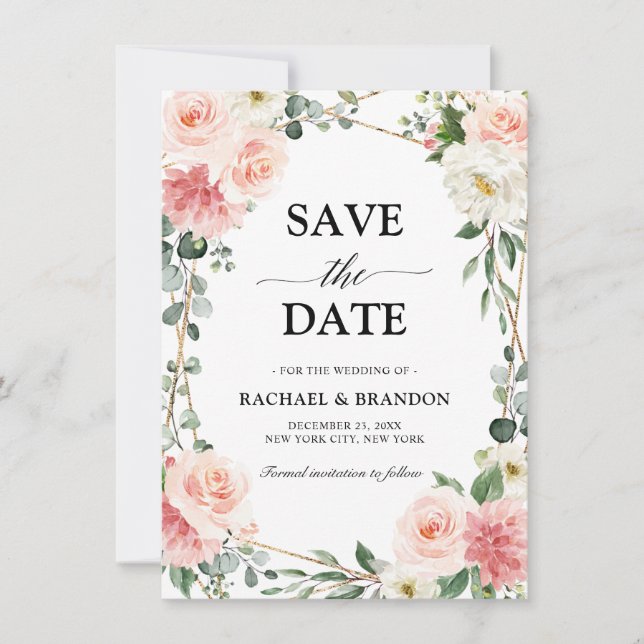  Rosa Blommigt Guld Geometric Save the Date (Framsida)