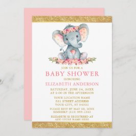 Rosa Blommigt Guld Glitter Baby Shower Elephant Inbjudningar