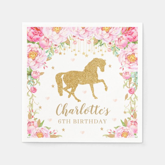 Rosa Blommigt Guld Glitter Horse Birthday Baby Pappersservett (Framsidan)
