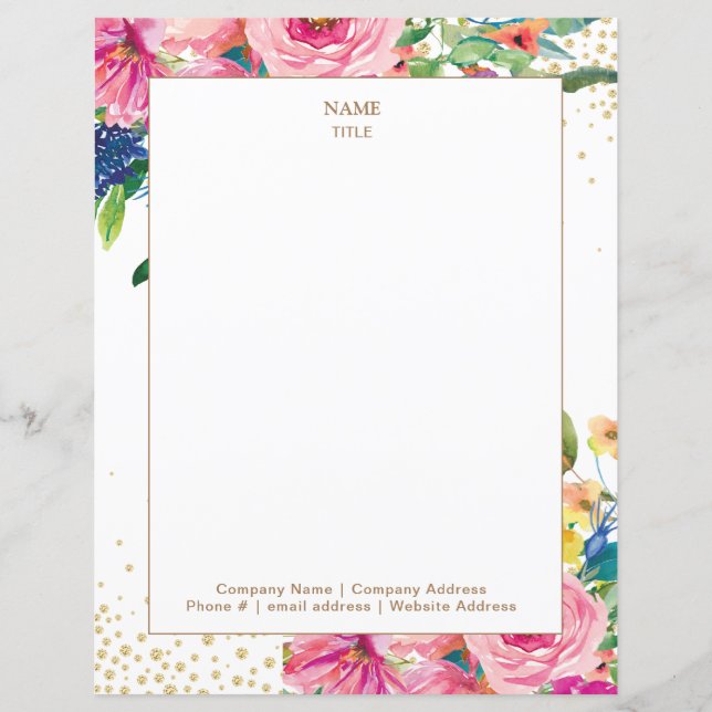 Rosa Blommigt Guld Glitter Letterhead (Framsida)