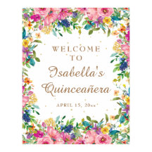 Rosa Blommigt Guld Glitter Quinceañera Välkommen