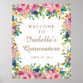 Rosa Blommigt Guld Glitter Quinceañera Välkommen Poster