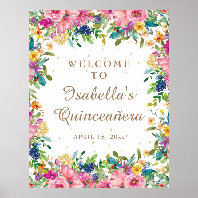 Rosa Blommigt Guld Glitter Quinceañera Välkommen Poster (Framsidan)