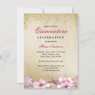 Rosa Blommigt Guld Glitter Shimmer Quinceanera Inbjudningar
