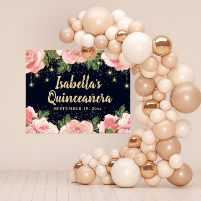 Rosa Blommigt Guld Glitter Stars Black Quinceañera Poster (Skapare uppladdad)
