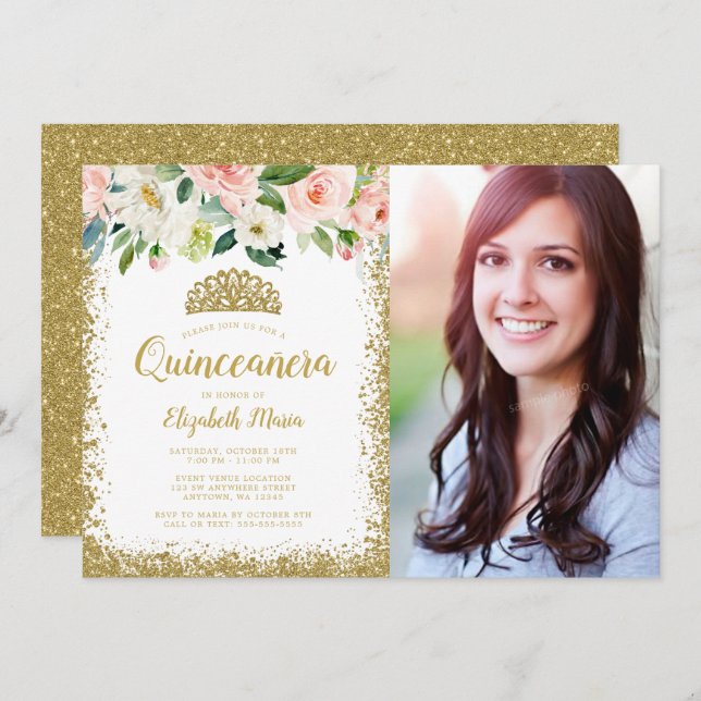 Rosa Blommigt Guld Glitter Tiara Quinceanera Photo Inbjudningar (Fram/baksida)
