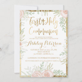Rosa blommigt guld gräns Kommunision för första He Inbjudningar