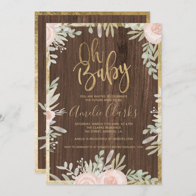 Rosa blommigt guld gräns Rustvirke Baby Shower Inbjudningar (Fram/baksida)
