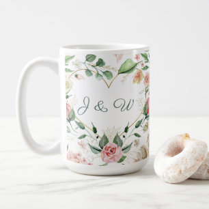 Rosa Blommigt Guld Heart Monogram Bröllop Kaffemugg