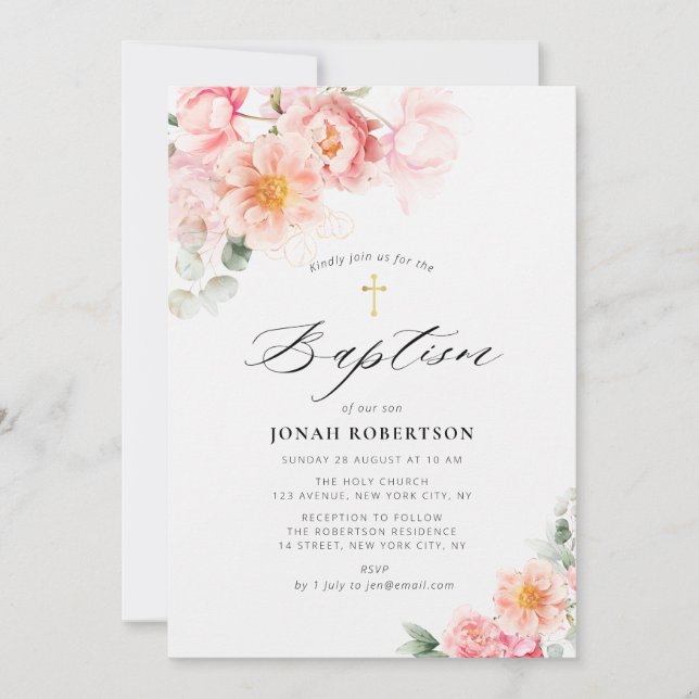 rosa blommigt guld kor-baptism inbjudningar (Framsida)