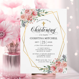 Rosa Blommigt Guld Kor Christening Baptism Girl Inbjudningar