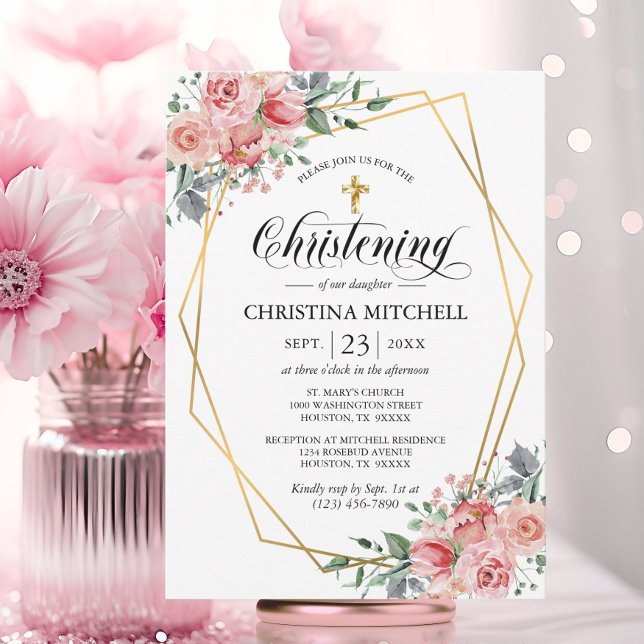 Rosa Blommigt Guld Kor Christening Baptism Girl Inbjudningar (Pink Floral Gold Cross Christening Baptism Girl Invitation)