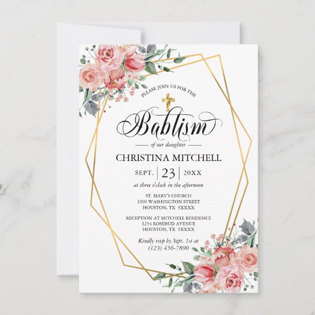 Rosa Blommigt Guld Kor Christening Baptism Girl Inbjudningar (Framsida)