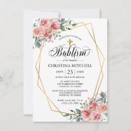 Rosa Blommigt Guld Kor Christening Baptism Girl Inbjudningar