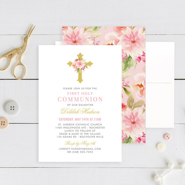 Rosa Blommigt Guld Kor Girl First Heliga Communion Inbjudningar (Skapare uppladdad)