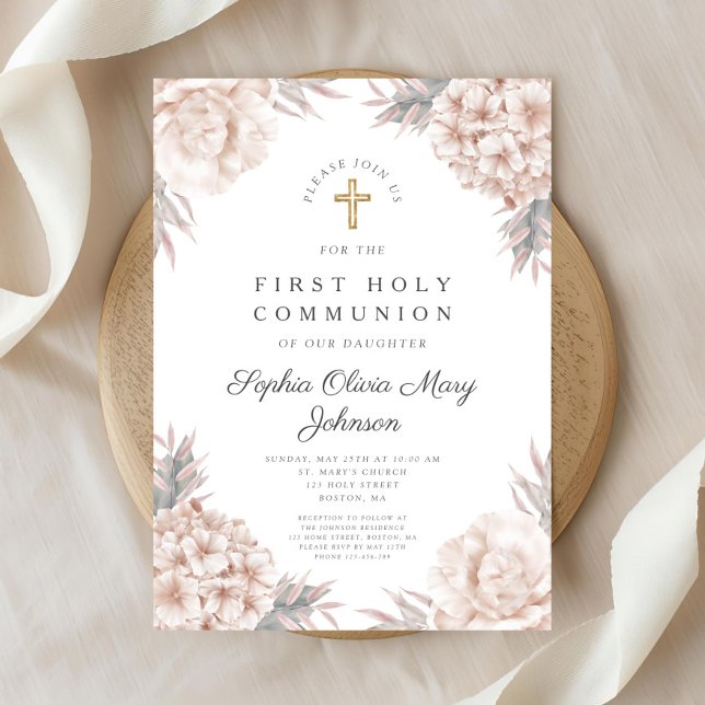 Rosa Blommigt Guld Kor Religiösa Första kommission Inbjudningar (Pink Floral Gold Cross Religious First Communion Invitation)