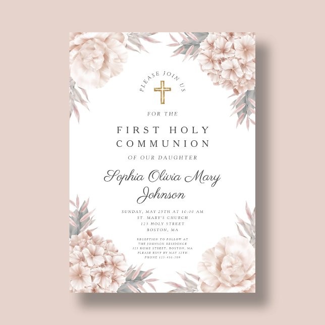 Rosa Blommigt Guld Kor Religiösa Första kommission Inbjudningar (Pink Floral Gold Cross Religious First Communion Invitation)
