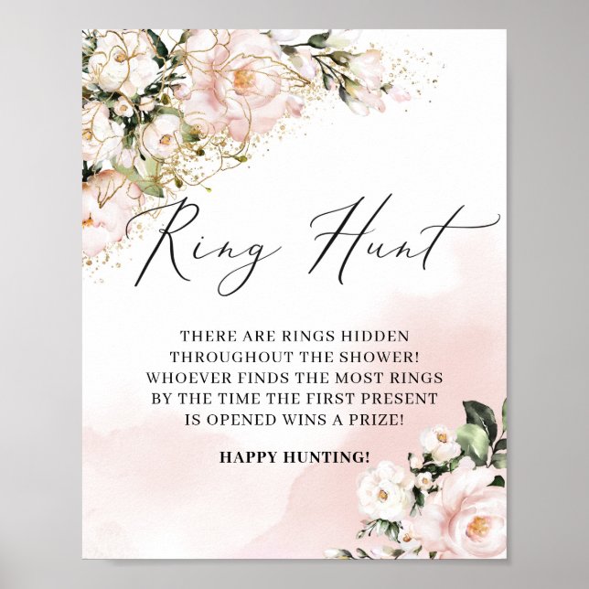  Rosa Blommigt Guld Löv Ring Hunt Game Sign Poster (Framsidan)