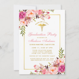Rosa Blommigt Guld Medical Grad Party Investigatio Inbjudningar