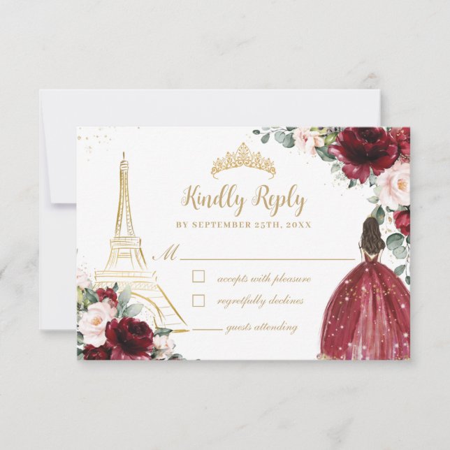  Rosa Blommigt Guld Paris Princess Quinceañera OSA Kort (Framsida)