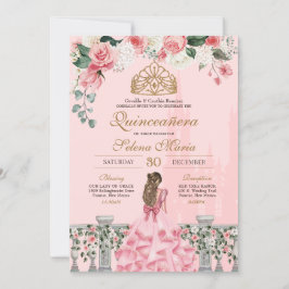 Rosa Blommigt & Guld Princess Fairytale Quinceaner Inbjudningar