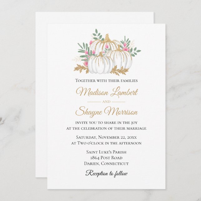 Rosa Blommigt Guld Pumpkin Elegant Fall Wedding Inbjudningar (Fram/baksida)