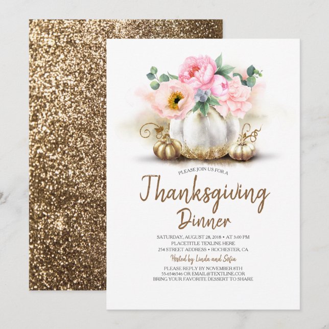 Rosa Blommigt Guld Pumpkin Thanksgiving Dinner Inbjudningar (Fram/baksida)