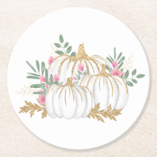 Rosa Blommigt Guld Pumpkin Thanksgiving Fall Weddi Underlägg Papper Rund