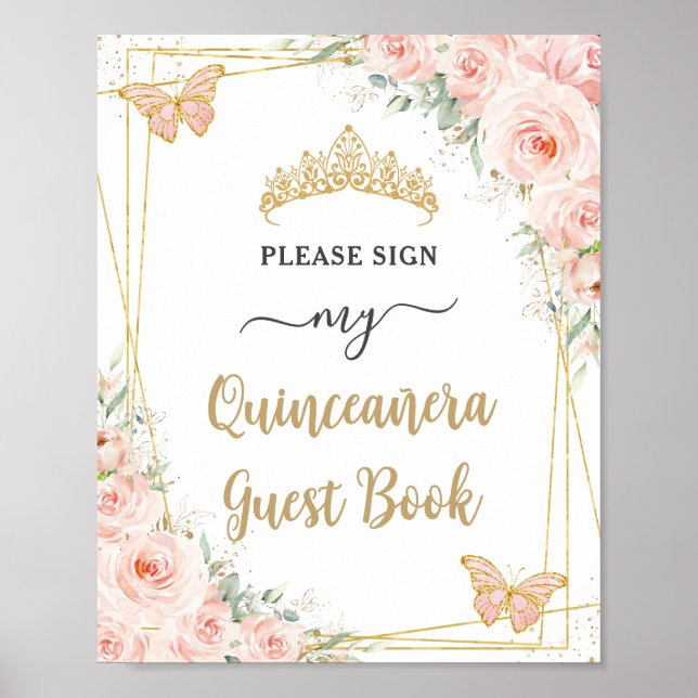  Rosa Blommigt Guld Quinceanera Guest Bok Poster (Framsidan)