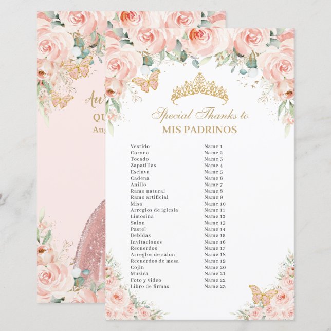  Rosa Blommigt Guld Quinceañera Mis Padrinos (Fram/baksida)