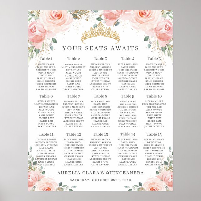  Rosa Blommigt Guld Quinceañera Sittdiagram för  Poster (Framsidan)