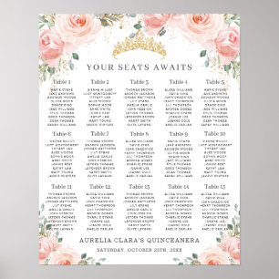 Rosa Blommigt Guld Quinceañera Sittdiagram för Poster
