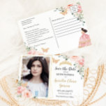 Rosa Blommigt Guld Quinceanera Spara datum Meddelande Vykort<br><div class="desc">c) Lycklig Cat Studio</div>