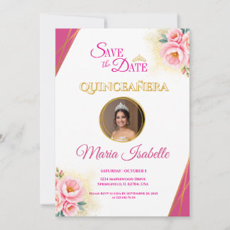 Rosa Blommigt & Guld Quinceañera Spara datumkortet Inbjudningar