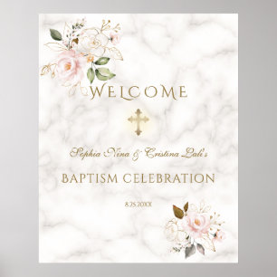 Rosa Blommigt Guld Ram-baptism Välkomsttecken Poster