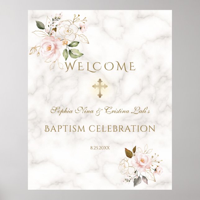 Rosa Blommigt Guld Ram-baptism Välkomsttecken Poster (Framsidan)