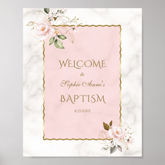 Rosa Blommigt Guld Ram-baptism Välkomsttecken Poster (Framsidan)