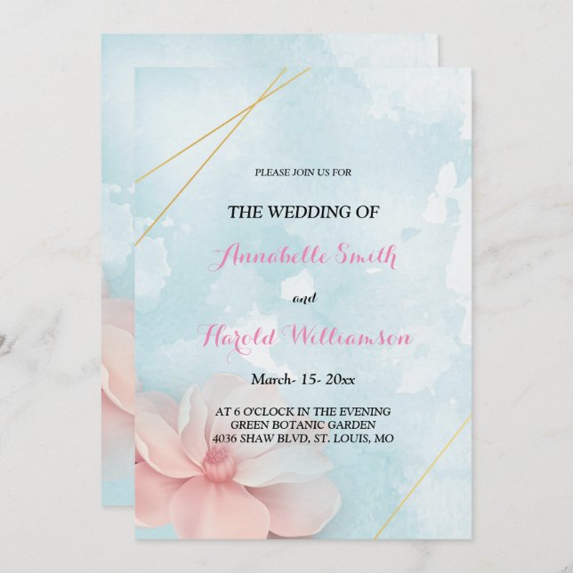 Rosa blommigt guld ram, blå vattenfärg Bröllop Inbjudningar (Fram/baksida)