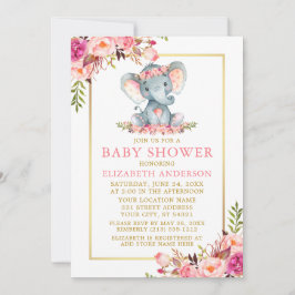 Rosa Blommigt Guld Ram Elephant Baby Shower Inbjudningar