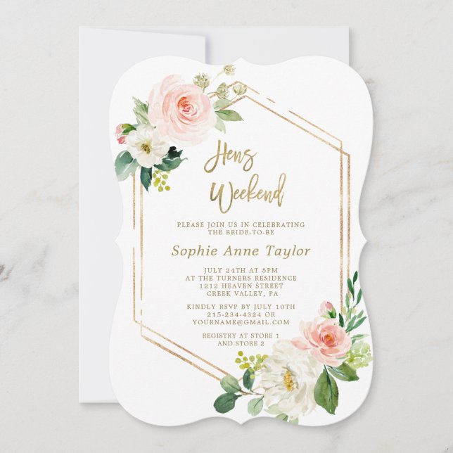 Rosa Blommigt Guld Ram Hens Bachelorette Helg Inbjudningar (Framsida)