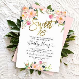 Rosa Blommigt Guld Script Sweet sixteen 16 Birthda Inbjudningar