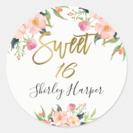 Rosa Blommigt Guld Script Sweet sixteen 16 Birthda Runt Klistermärke