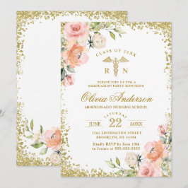 Rosa Blommigt Guld sjuksköterskekola Studenten i G Inbjudningar