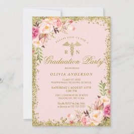 Rosa Blommigt Guld sjuksköterskekola Studenten i G Inbjudningar