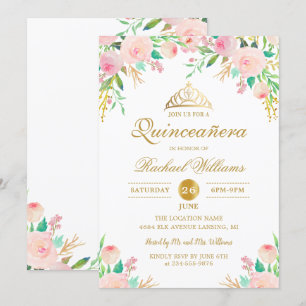 Rosa Blommigt Guld Tiara Quinceañera 15:e födelsed Inbjudningar