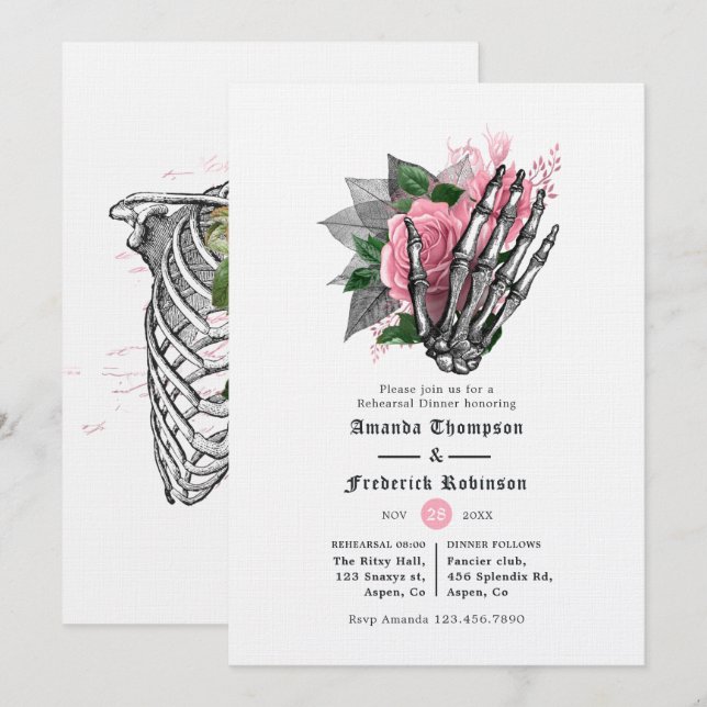 Rosa Blommigt Halloween Gothic Rehearsal Middag Inbjudningar (Fram/baksida)