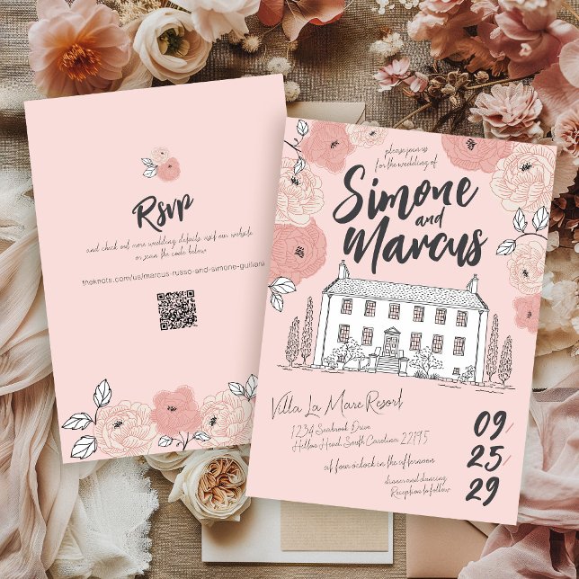 Rosa Blommigt Hand plockade Tuscan Villa Unique Br Inbjudningar (Unique hand drawn pink floral quirky Italian villa manor QR elegant illustrated wedding invitation)