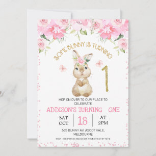 Rosa Blommigt Hårig Bunny Guld One Första födelsed Inbjudningar