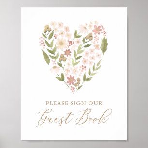 Rosa Blommigt Heart Baby Shower Guest Bok Sign Poster