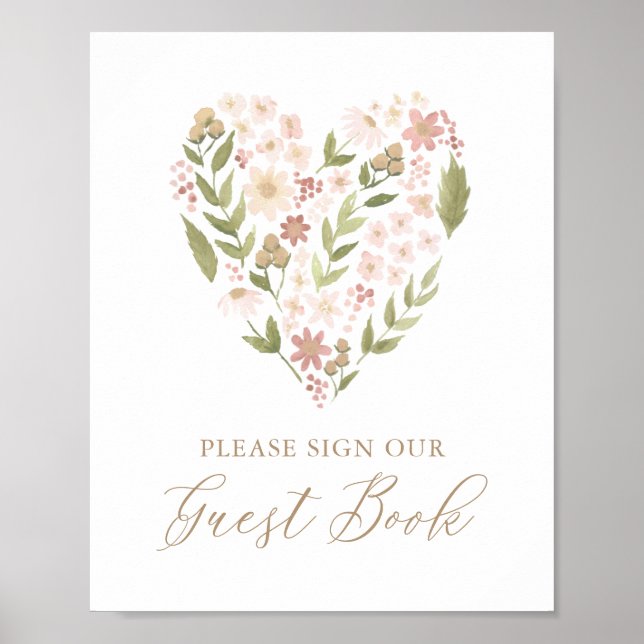 Rosa Blommigt Heart Baby Shower Guest Bok Sign Poster (Framsidan)